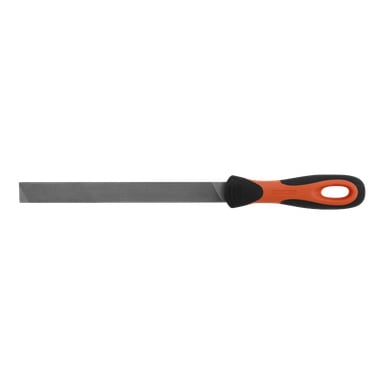 Bahcon sahaviila, jossa on teksturoitu terä ja ergonominen musta-oranssi kahva, vaakasuorassa asennossa.