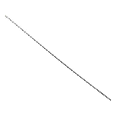 En lång, silverfärgad betongborr från Meec Tools är placerad diagonalt. Den har ett spiralformat vridmönster längs skaftet, en vass spetsig spets och en skaftände designad för att passa i en borrmaskin.