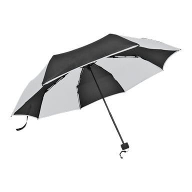 Kayoba Outdoor Umbrella har en rektangulär tak med svarta och vita segment, kombinerat med svart interiör, matchande ram och ett rakt handtag. Paraplyet är öppet i en vinkel.