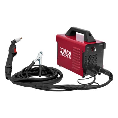 En röd plasmaskärare från Meec Tools med svart handtag, kontrollpanel, kopplade svarta kablar, brännare och jordklämma.