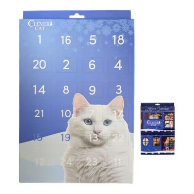 Husdjurs-julkalender för en katt med blå bakgrund, en vit katt och ett rutnät med siffrorna 1 till 24, med ett mindre inslag som visar festliga illustrationer bakom de perforerade dörrarna.