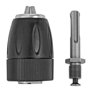 En närbild visar en svart och silverfärgad Meec Tools Quick-chuck till vänster, bredvid en separat metalladapter för SDS med gängad ände till höger.