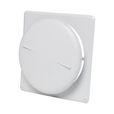 Zawór płytowy Habo z białą, kwadratową plastikową pokrywą, okrągłym środkiem i dwoma lekko wypukłymi liniami na środku jest wystawiony pod lekkim kątem.