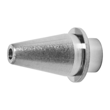 Läheltä näkymä Meec Toolsin suuttimesta, joka esittelee sen metallisen kartiomuodon, jossa on kierteinen aukko kärjessä ja leveä pyöreä pohja toisessa päässä.