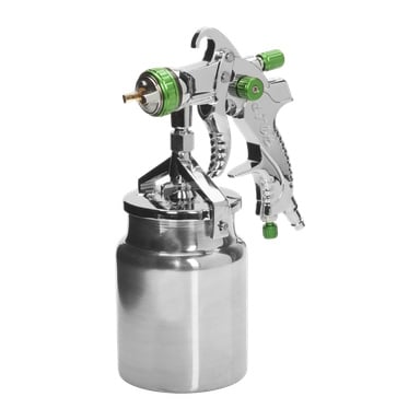 Eine Meec Tools Sprühpistole mit Edelstahlkörper, grünen Einstellknöpfen und einem Abzugsgriff ist an einer zylindrischen Farbdose befestigt.