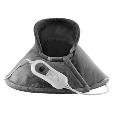 Bright Heat Pad för nacke och axlar har ett mjukt grått tyg i konformad form med en fast huva. Inkluderat finns en vit trådbunden kontroll utrustad med knappar och en digital skärm för att anpassa inställningarna.
