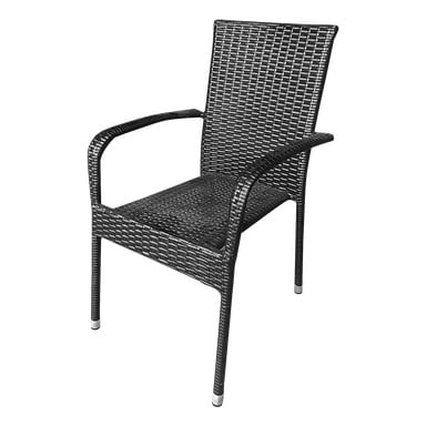 Der EKVIP Poly Rattan-Stuhl hat ein schwarzes gewebtes Rattanmuster, Armlehnen und Beine mit Metallkappen.