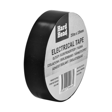 En svart rulle Hard Head Insulating Tape, 20 meter lång och 19 millimeter bred. Etiketten visar produktdetaljer och en streckkod.
