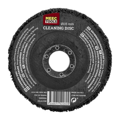 En svart Meec Tools Heavy Duty Cleaner-skiva, 115 mm bred, med fem centrala hål och en etikett runt mitten som visar produktinformation.