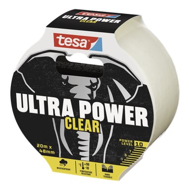 En förpackad rulle med tesa Repair Tape Ultra Power Clear, med elefantgrafik och produktinformation inklusive 20m x 48mm storlek, väderbeständiga och temperaturbeständiga egenskaper, samt en notering om att den är svår att riva sönder.