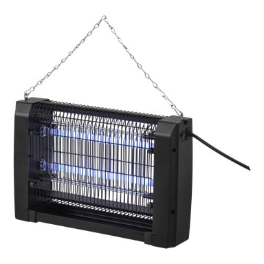 En hård huvudinsektsdödare med svart hölje, utrustad med två blå UV-lampor och ett metallgaller, hänger i en kedja och har sin strömkabel ansluten.