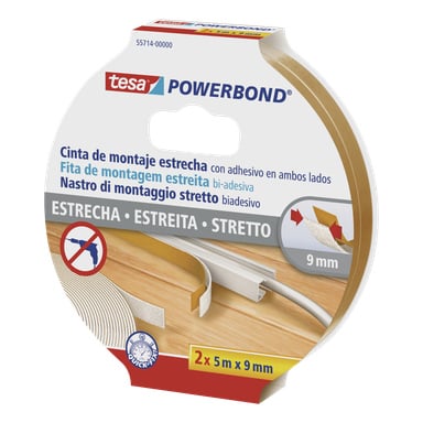 Förpackningen av tesa Dubbelsidigt självhäftande tejp Powerbond Slim, 9 mm bred och 5 m lång, visar text och en diagram som visar tejpen som används för att fästa ett kabellock i golvet.