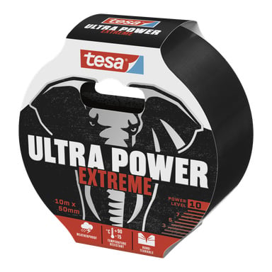 Tesa Repair Tape Ultra Power Extreme rullar i svart förpackning med en elefantbild, vilket visar att den är väderbeständig, tål höga temperaturer och kan rivas för hand. Den visade storleken är 10 meter lång och 50 millimeter bred.