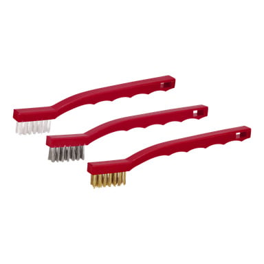 Tre rengöringsborstar från Hard Head Wire Brush Set är placerade sida vid sida. Varje har ett rött plasthandtag med ergonomiska fingergrepp och ett hål i spetsen. Borstarna skiljer sig åt i borsttyp: en har vita nylonborst, en annan har silvermetallborst och den tredje är utrustad med guldmetallborst.