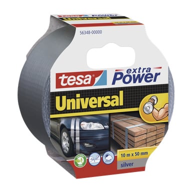 Rulla tesa Silver Extra Power Universal -teippiä, 10m x 50mm, hopeana. Pakkauksessa on kuvia autosta, puulankuista ja kädestä, joka kiinnittää teippiä.