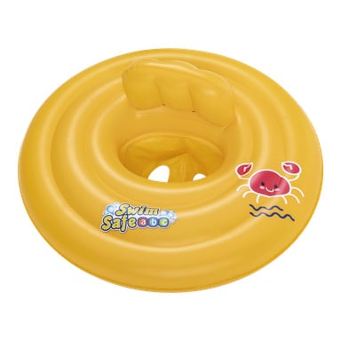 Gul Bestway baby-simring med uppblåsbar sits, handtag och en lekfull röd tecknad krabbgrafik. "Swim Safe ABC" står vid sidan om. Gjorda för små barn.