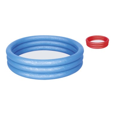 En stor blå Bestway Children's pool med tre uppblåsbara ringar är framträdande, med en mindre röd version av samma pool placerad i det övre högra hörnet. Båda poolerna är tomma.
