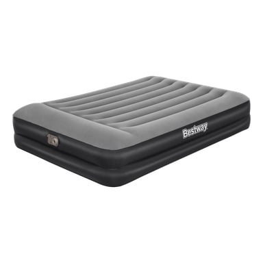 Bestway Inflatable Mattress med inbyggd pump, queenstorlek, har ett grått och svart färgschema, Bestway synlig i främre hörnet, horisontella åsar över ytan och en integrerad pump på ena sidan.