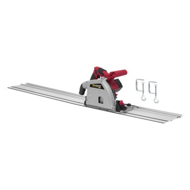 Meec Tools Multiseries CI-18V WORK 700 batteridrivna dyksåg, med silver- och rödfärgsschema, sitter på en metallstyrskena. Två metallklämmor är placerade bredvid sågen, som är byggd för exakt kapning.