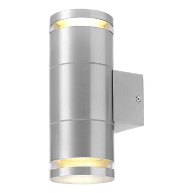 EKVIP Wall Spotlight har en borstad metallcylinderform fäst vid en rektangulär fäste som projicerar ljus både uppifrån och nerifrån.