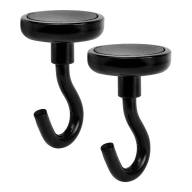 Två identiska svarta Hard Head-krokar med magnetiska fästen står upprätt, var och en med en böjd metallkrok kopplad till en rund magnet. Båda krokarna är vända framåt som en del av krokarna med magnetisk montering 2.