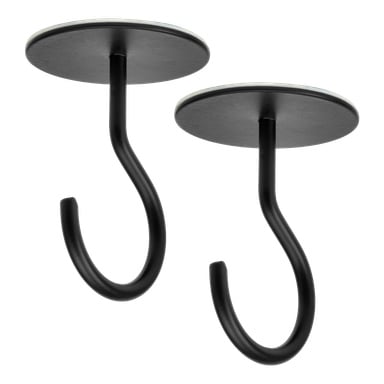 Ett par svarta självhäftande takkrokar från Hard Head, var och en med rund, platt bas och en minimalistisk, modern stil. Designat för enkel installation i tak eller plana ytor innehåller detta set två krokar för praktiska upphängningslösningar.