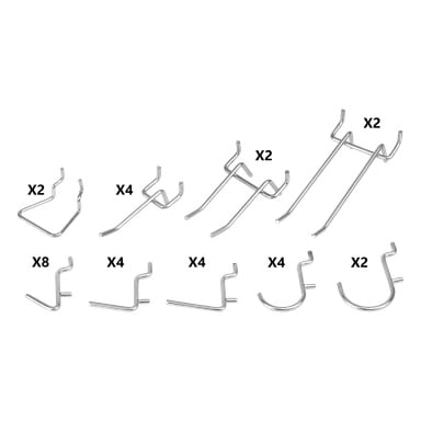 Ett Hard Head-set med 32 krokar för ett verktygsbord, arrangerat i nio grupper av olika böjda metallkrokformer. Varje grupp är märkt med sin kvantitet: 2, 4, 2, 2, 8, 4, 4, 4 och 2.