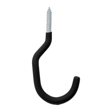 En metallskruvad verktygskrok med en böjd sektion täckt med svart gummi och en silvergängad spets för montering i trä eller väggar.