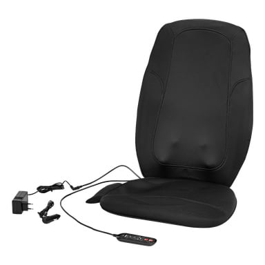 En svart Bright Massage Cushion med värme visas tillsammans med en ansluten fjärrkontroll, en strömadapter och en billaddare.