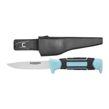 En Meec Tools Flex-kniv med ett handtag med svart och blå texturer visas bredvid dess svarta plasthölje. Bladet i rostfritt stål bär märket "Meec Tools" och handtaget har speciella greppytor för bättre kontroll.
