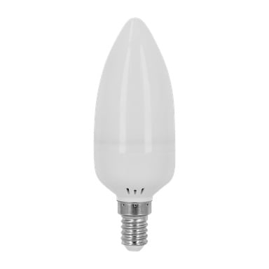 En Anslut Flame lampa LED med en spetsig, ljusformad design och en metallisk skruvbas.