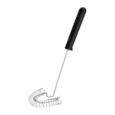 En Menuett-visp med svart plasthandtag och ett metallskaft som slutar i en tätt spiralspiraltråd, designad för att effektivt blanda eller blanda ingredienser.