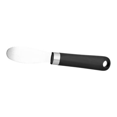 Menuett Butterkniven har ett brett, tandat rostfritt stålblad för spridning och ett svart ergonomiskt handtag med hål för upphängning.