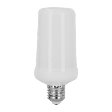 Ansluts Flame bulb LED står upprätt och visar sin cylindriska form, frostade vita yta och silverfärgade skruvbas.