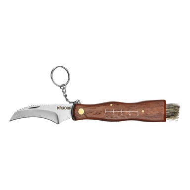 Kayobas svampkniv har en hopfällbar design med ett böjt blad, ett trähandtag, graverade måttmarkeringar, en fäst rengöringsborste och en metallnyckelring.