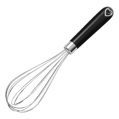 En Menuett-ballongvisp med svart handtag och ett litet silverhjärta i spetsen.