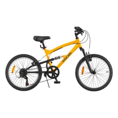 En gul och svart Kayoba mountainbike ses från sidan, med både fram- och bakfjädring, tjocka däck och märkesnamnet tydligt synligt på ramen.