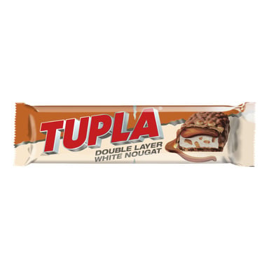 Cloetta Tupla Double Layer White Nougat -suklaapatukan kääre, jossa on selkeä punavalkoinen teksti, sekä kuva patukasta, jossa on nougat- ja karamellikerrokset suklaakuorrutuksen sisällä, sekoitettuna maapähkinöihin.