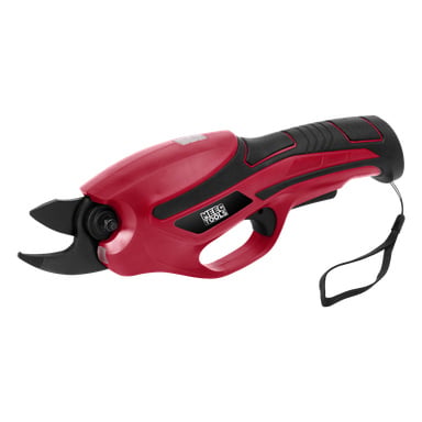 Rot-schwarze, batteriebetriebene Scheren von Meec Tools mit ergonomischem Griff, schwarzem Abzug, Handgelenksriemen und einem sichtbaren Logo mit der Aufschrift Meec Tools.