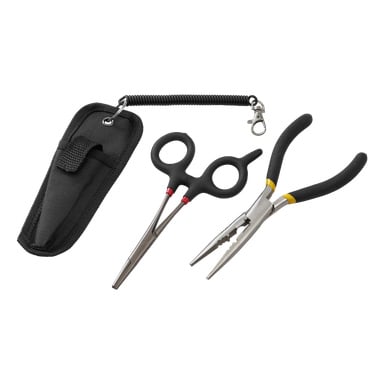 Kayoba Fishing Pliers Set består av två delar: en svart verktygspåse med rem, fiskepincetter med fingerhål och nåltång med svarta handtag.