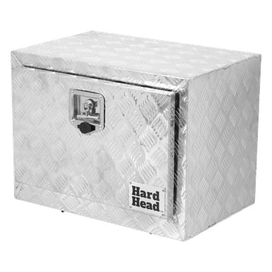 En rektangulär Hard Head-aluminiumlåda med diamantplatta, frontmonterat handtag och lås, samt Hard Head-logotypen nere i högra hörnet.