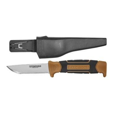 En repkniv från Meec Tools med svart och beige handtag och ett delvis tandat rostfritt stålblad visas tillsammans med ett svart plasthölje som sitter säkert på kniven.