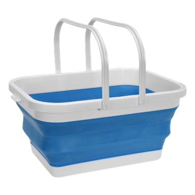 En blå och vit Kayoba vikbar korg med två vita handtag och en hopfällbar plaststruktur.
