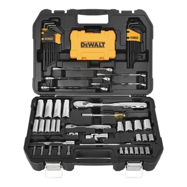 Ett öppet svart DeWalt-paket med 89 delar visar upp prydligt organiserade handverktyg, såsom hylsor, skiftnycklar, insexnycklar, spärror och skruvmejselbitar i sina gjutna spår.
