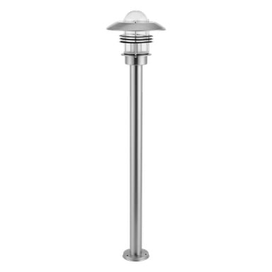 En modern EKVAP-lyktstolpe med en slank metallisk cylindrisk stång och en rundad, kupolformad topplampa, detaljerad med horisontella ringar runt lampan.