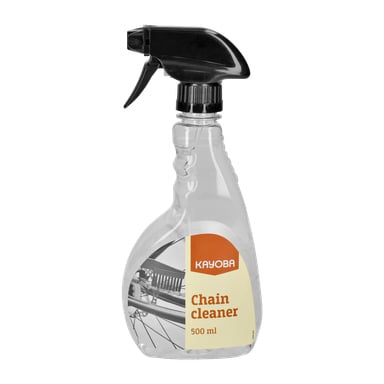 En transparent 500 ml Kayoba cykelkedjerengöringssprayflaska med svart munstycke och en vit-och-orange etikett med en cykelkedja och växelillustration.