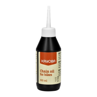 En 100 ml svart plastflaska Kayoba Chain Oil för cyklar, med ett spetsigt munstycke och en beige etikett med produktdetaljer i svart och rött.