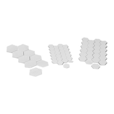 Tre grupper av Hard Head Furniture Pads (56-pack) med ett vitt, texturerat hexagonalt mönster visas. De flesta plattor är grupperade tillsammans, medan flera är placerade separat från huvudklustren.