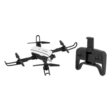 Kayoba Foldable drone i hvitt og svart står ved siden av en svart fjernkontroll med to joysticks og en holder for en smarttelefon.