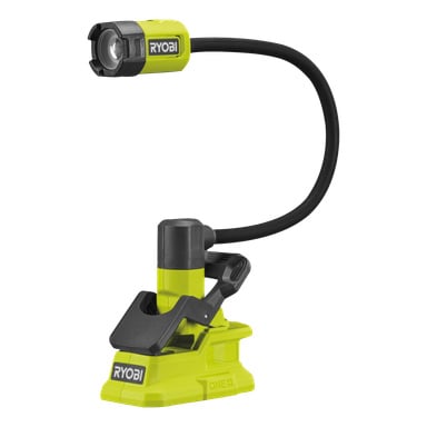 Ryobi One+ batteriebetriebene LED-Arbeitslampe mit Klemme, Modell RLCF18-0, verfügt über einen flexiblen schwarzen Hals, einen gelb-schwarzen Sockel mit Klemme und zeigt das Ryobi-Logo sowohl am Lichtkopf als auch an der Basis. Keine Batterie angeschlossen.